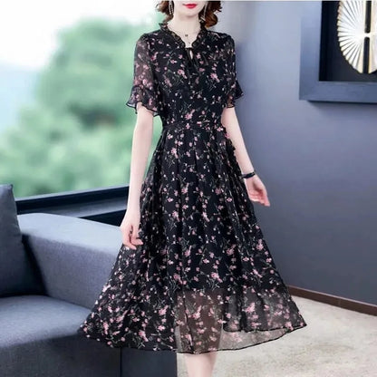 Women Summer Chiffon Printed Dresses 2025 Spring Summer Long Elegant Drawstring Dress Female Large Size Midi Dresses 6XL W752