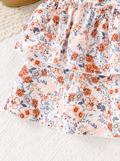 Spring Summer Girls Fashion Casual 2-piece dress Brown petal edge sleeveless vest + floral pleated cake knee-length skirt set