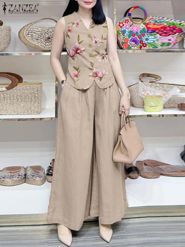 ZANZEA Elegant Women OL Work Pant Sets Summer 2PCS Outfits Casual Loose Wide Leg Trousers Suits Floral Tanks Tops Matching Sets
