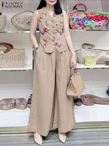 ZANZEA Elegant Women OL Work Pant Sets Summer 2PCS Outfits Casual Loose Wide Leg Trousers Suits Floral Tanks Tops Matching Sets