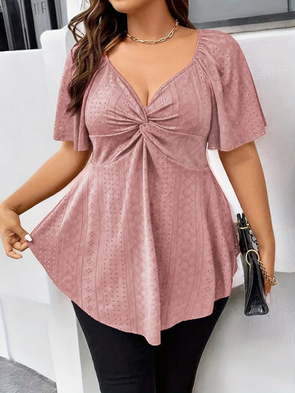 Plus Size Elegant Summer T Shirt for Women Casual Office Lady Solid Curve Clothing Loose V Neck Tops