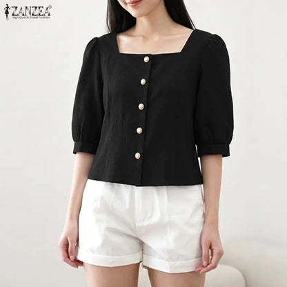 ZANZEA Summer Autumn Women Blouses Fashion Square Collar Solid Color Tops Half Sleeve Tee Blusas Fashion Streetwear Oversize