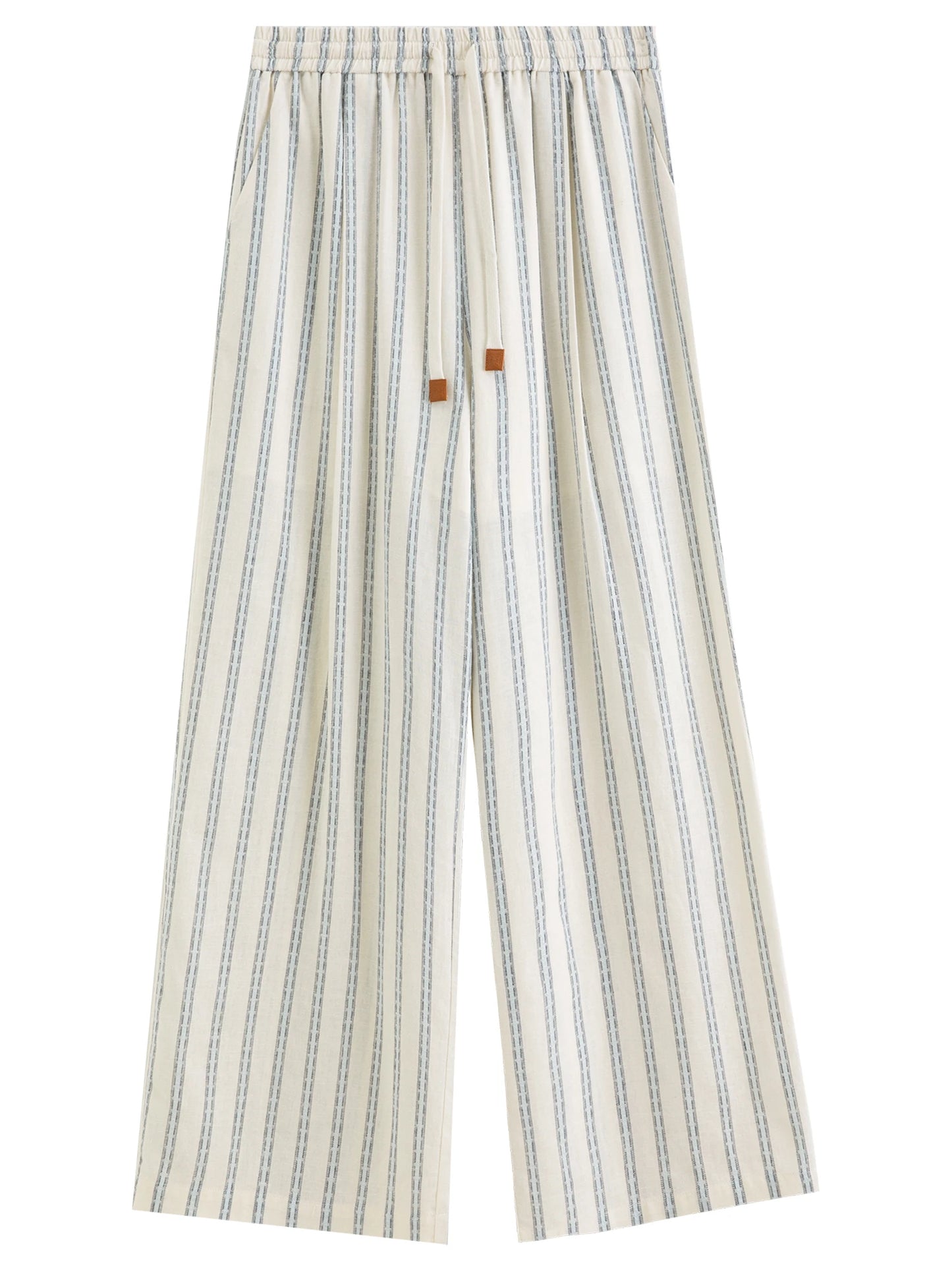 DUSHU 2026 Summer Women Striped Linen Cotton Straight Leg Elastic High Waist Breathable Casual Trousers Boho Beach Coastal Style