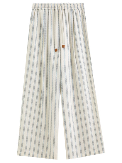 DUSHU 2026 Summer Women Striped Linen Cotton Straight Leg Elastic High Waist Breathable Casual Trousers Boho Beach Coastal Style