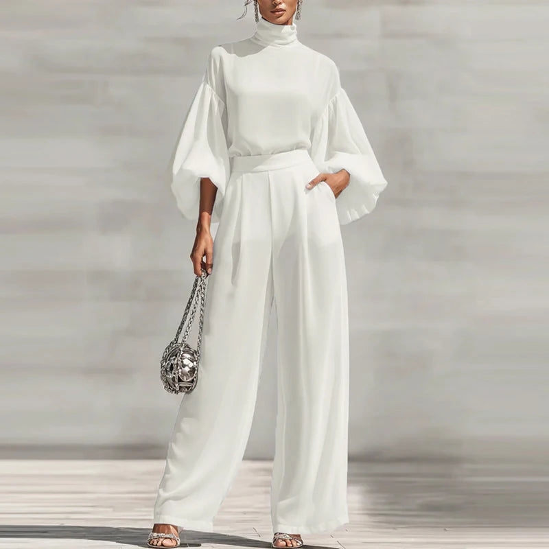 Simple Casual Solid Color Women's Suit Elegant Turtleneck Lantern Sleeve Top & High Waist Pants Set Autumn Loose 2 Piece Outfits