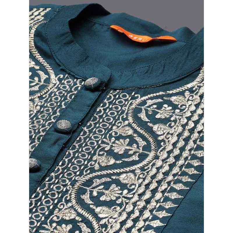 Traditional Indian Kurta 3Pcs Set with Dupatta Women Embroidered Silk Blend Pakistani Dress Elegant Dark Green Ethnic Clothing
