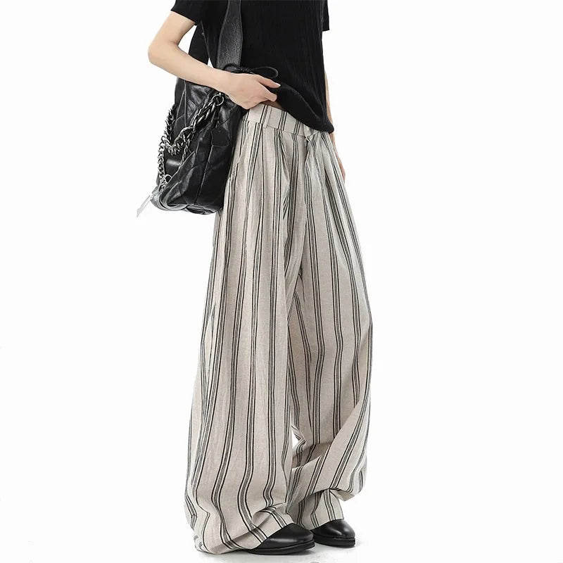 American Retro Striped Cotton Linen Wide Leg Casual Pants Men Summer New Color Collision Loose Match Slimming Floor-Length Pants