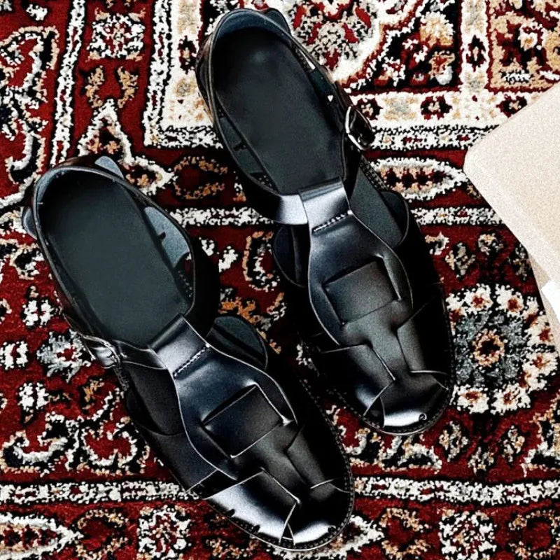 Fashion Woven Hollow Round Toe Roman Women Sandals Belt Buckle Back Strap Slide Sandals Summer Luxury Designer Non-slip Slippers