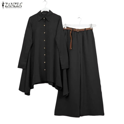 ZANZEA Women's Casual Pant Suits Oversized Long Sleeve Asymmetric Shirt & Wide Leg Pant 2 Pieces Sets Solid Commuting Outfits