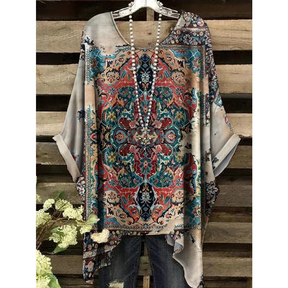 Bohemian Floral Tunic Plus Size Women's Bohemian Floral Print Tunic T-Shirt Short Sleeve Round Neck Casual Top Vibrant 2025
