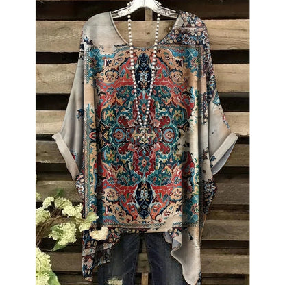 Bohemian Floral Tunic Plus Size Women's Bohemian Floral Print Tunic T-Shirt Short Sleeve Round Neck Casual Top Vibrant 2025