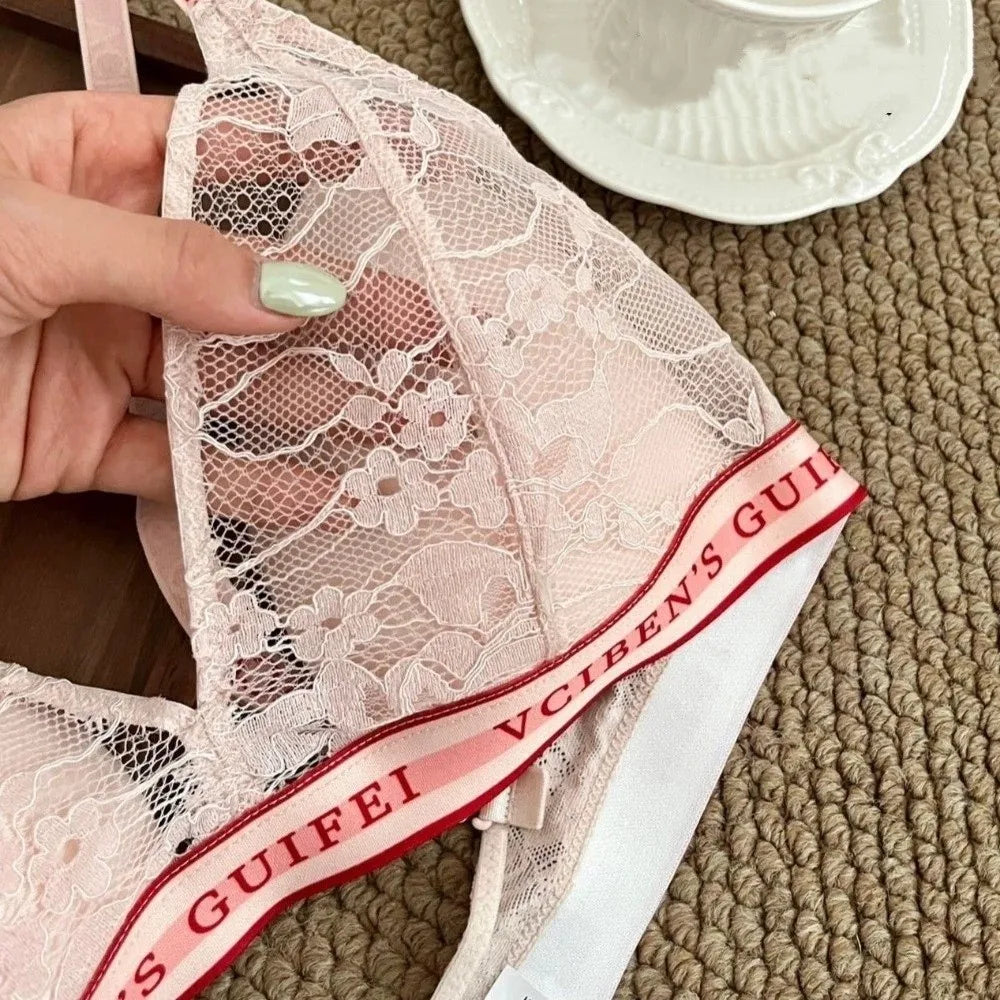 Bra Suit Letter Design Lingerie Set Deep V Wireless Women Underwear Suit Lace Color Blocking Bra Panties Set Gift