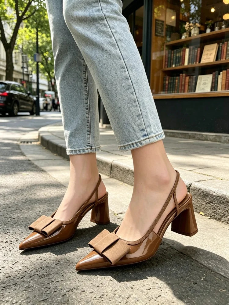 Luxury Designer Chunky Heel Women Pumps Sexy Pointed Toe Patent Leather Heeled Sandals Elegant Bow Decoration Heels for Ladies