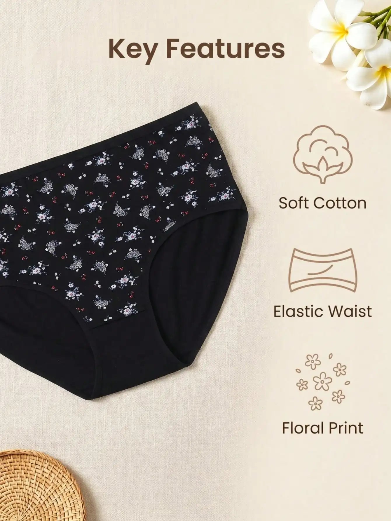 7PCS Plus Size Ditsy Floral Print Cotton Briefs, Mid Rise Multi Color Everyday Underwear, Ladies Casual Basic Printed Panty Mult