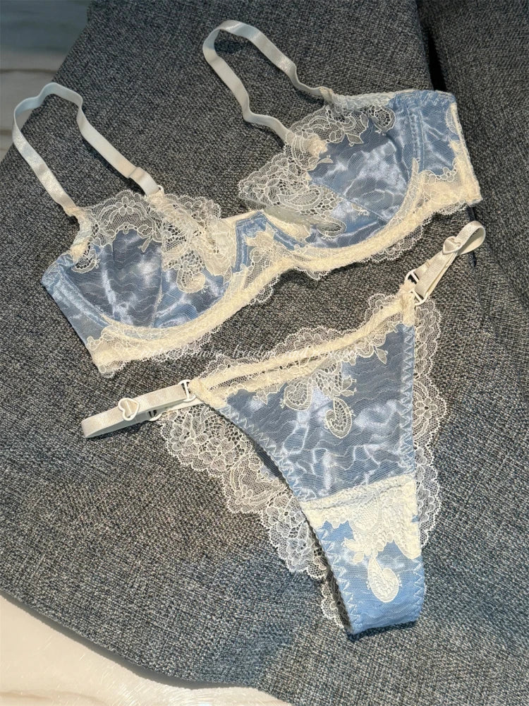 Lace girls underwear thin section glossy bra anti-sagging push up lingerie support large breasts show small bra set