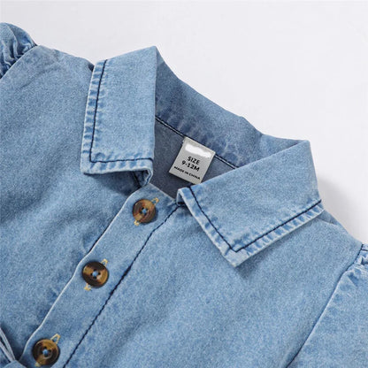 Baby Girl Fashion Dress Bubble Sleeve Lapel Jeans Casual Dress+Belt Summer Birthday Party Costumes for 1-3 Years Toddler Girl