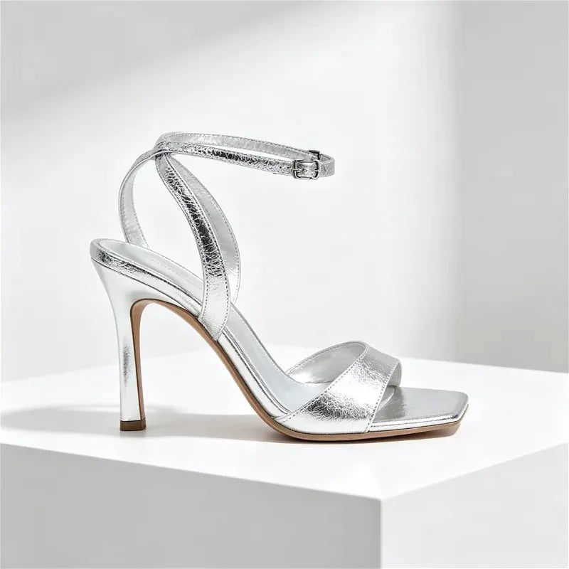 Luxury Designer Silver Heeled Sandals Women Sexy Peep Toe Patent Leather High Heels for Ladies Elegant Ankle Strap Party Shoes