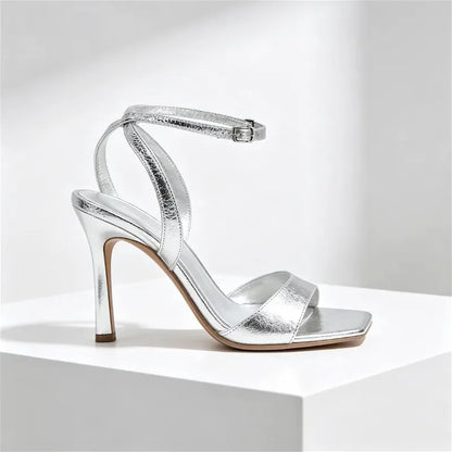 Luxury Designer Silver Heeled Sandals Women Sexy Peep Toe Patent Leather High Heels for Ladies Elegant Ankle Strap Party Shoes