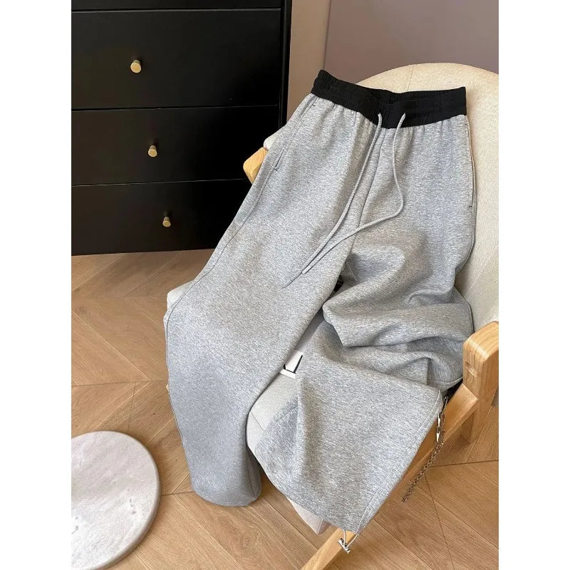 Women's Color Block Waistband Wide Leg Sweatpants Drawstring Casual Straight Leg Trousers