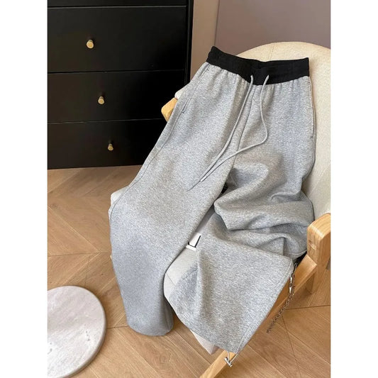 Women's Color Block Waistband Wide Leg Sweatpants Drawstring Casual Straight Leg Trousers