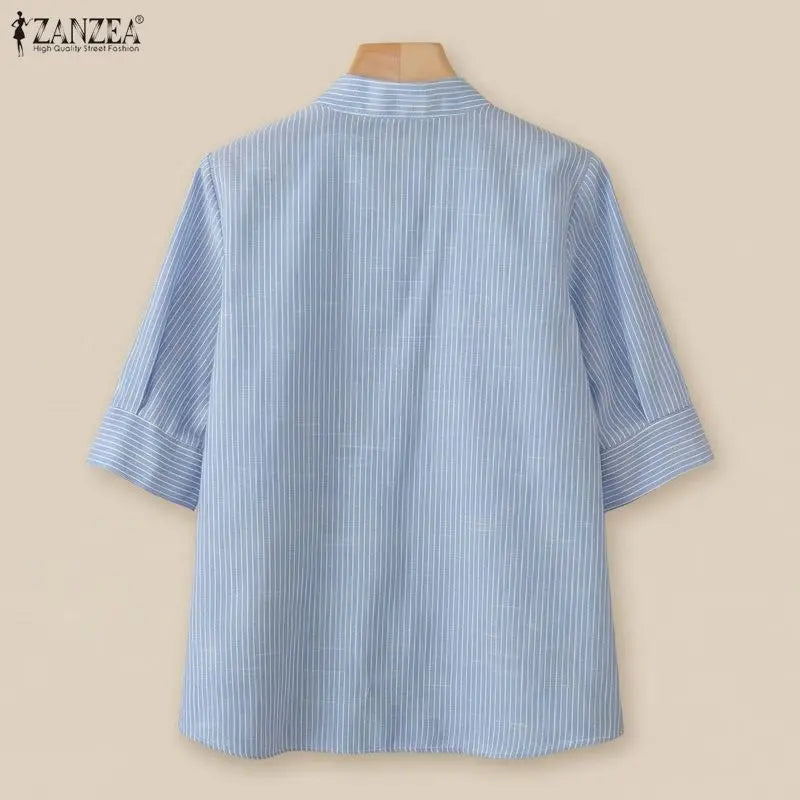 ZANZEA Woman Striped Shirts Stand Collar Half Sleeve Button Up Patch Pocket Tops Spring Summer Daily Casual Chemises Femme
