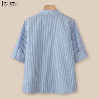 ZANZEA Woman Striped Shirts Stand Collar Half Sleeve Button Up Patch Pocket Tops Spring Summer Daily Casual Chemises Femme