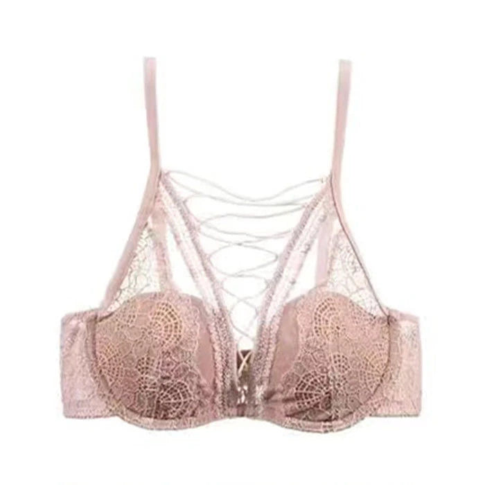 French Lace Bralette Set Small Bust Women Soft Wire Support Sexy Pure Hollow Out Lace Up Comfort T-Shirt Bra Everyday MOYISU AB