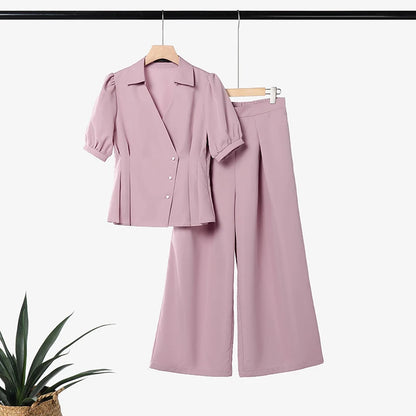 Women Elegant Office Pant Sets Puff Sleeve Peplum Tops Wide Leg Pants Pleated Cinched Waist Workwear V-Neck Solid Suit ZANZEA