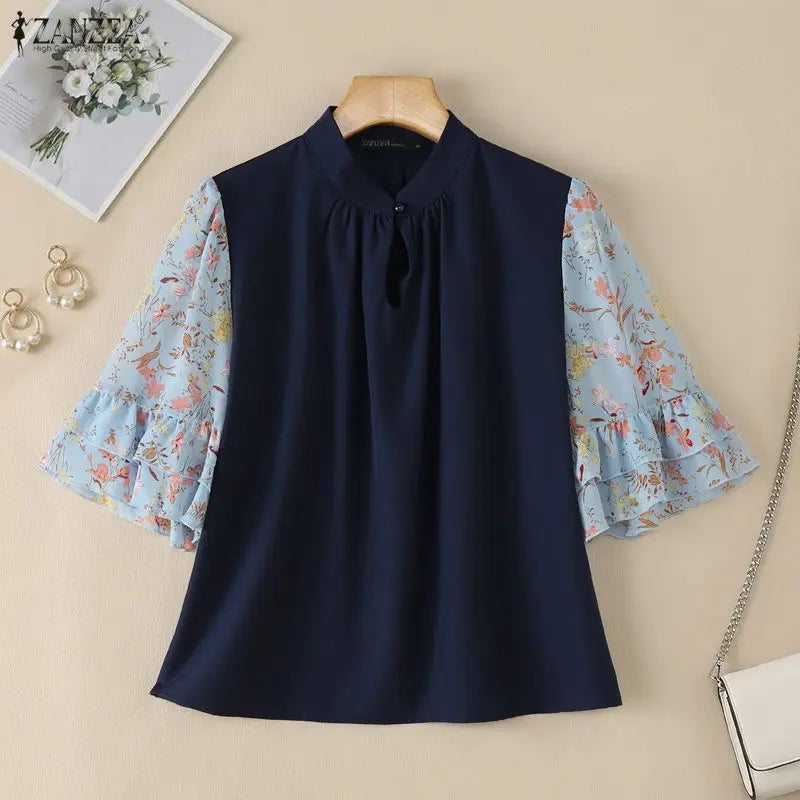 ZANZEA Women's Vintage Mandarin Collar Blouses Floral Chiffon Half Flare Sleeve Patchwork Tops Elegant Casual Blusas de Mujer
