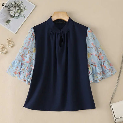 ZANZEA Women's Vintage Mandarin Collar Blouses Floral Chiffon Half Flare Sleeve Patchwork Tops Elegant Casual Blusas de Mujer