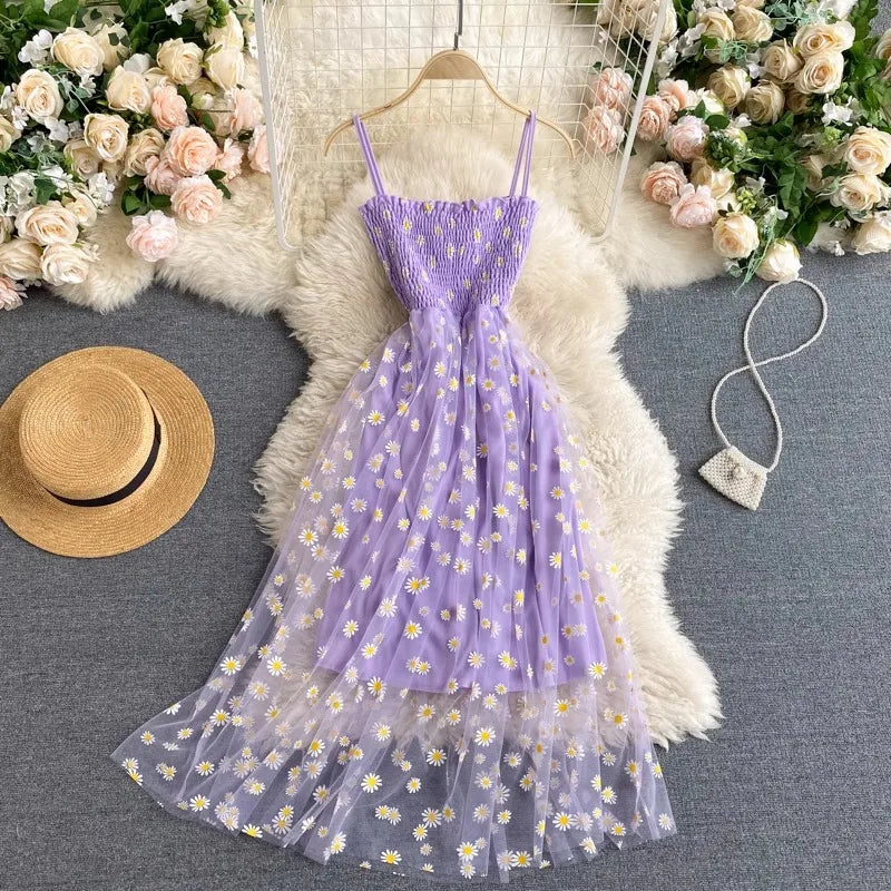 Women Dress 2026 New Summer Fashion Fairy Mesh Party Dress Korean Pop Floral Print Vacation Beach Dress Streetwear Sundress