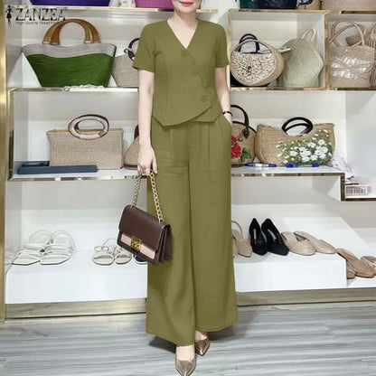 ZANZEA Women's Elegant OL Pant Sets Asymmetric Front Short Sleeve Tops & Wide Leg Pants 2 Pieces Sets Outfit Woman Trouser Suits