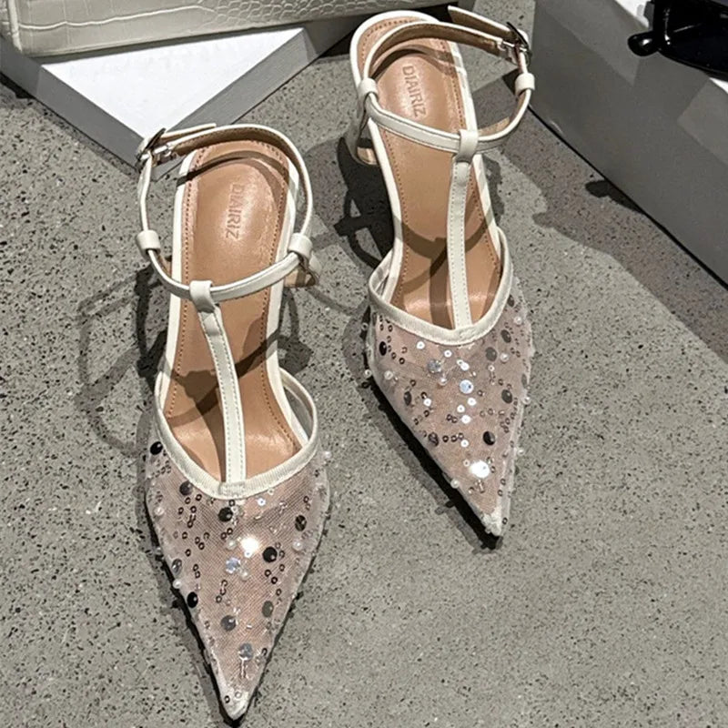 Sexy Pointy Toe Mesh Heeled Sandals Women Luxury Bling Decorated High Heels Elegant T-Strap Ankle Strap Buckle Party Dress Shoe