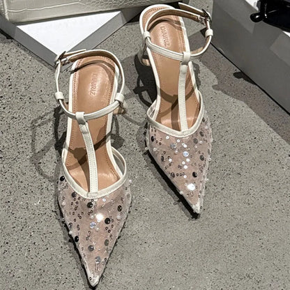 Sexy Pointy Toe Mesh Heeled Sandals Women Luxury Bling Decorated High Heels Elegant T-Strap Ankle Strap Buckle Party Dress Shoe