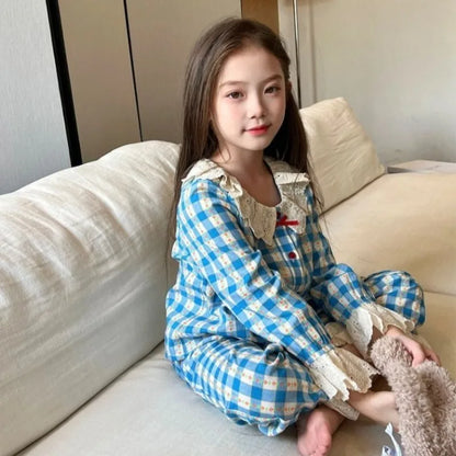 Spring Autumn Girls' Cloud Cotton Pajama Set with Lace Trim Medium Large Kids' Striped Plaid Homewear Casual Outfit