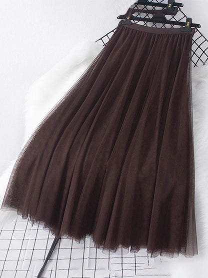 New Big Hem Long Tulle Skirt Women Korean Casual Simple Solid 3 Layers A Line High Waist Maxi Skirt Female Lady Purple