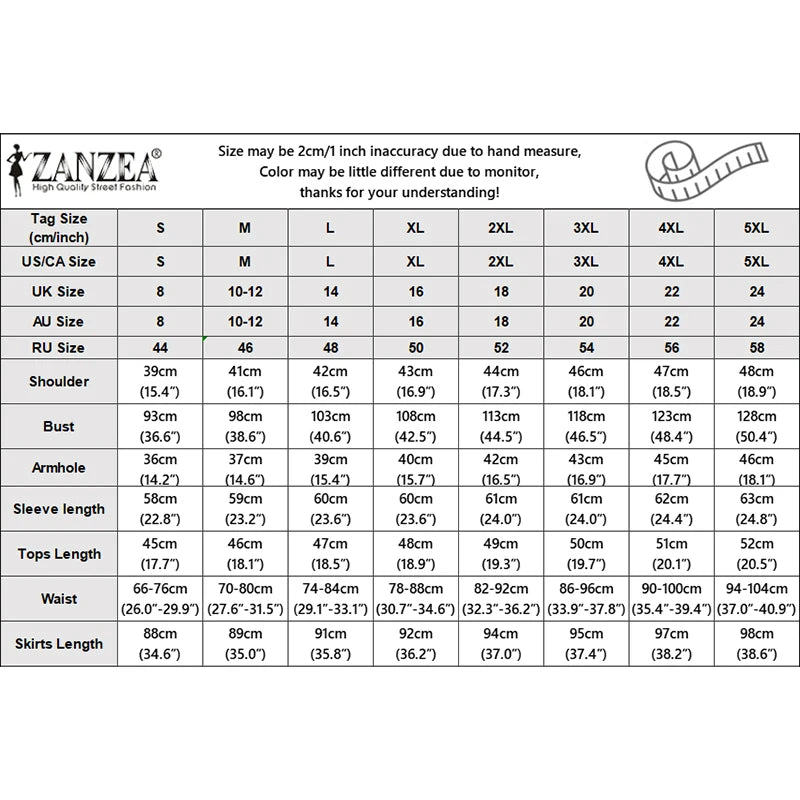 ZANZEA Fashion Women 2 Piece Sets Spring Autumn Office Outfits 2026 Elegant Long Sleeve Blouse Dress Suit Solid A Line Skirt Set