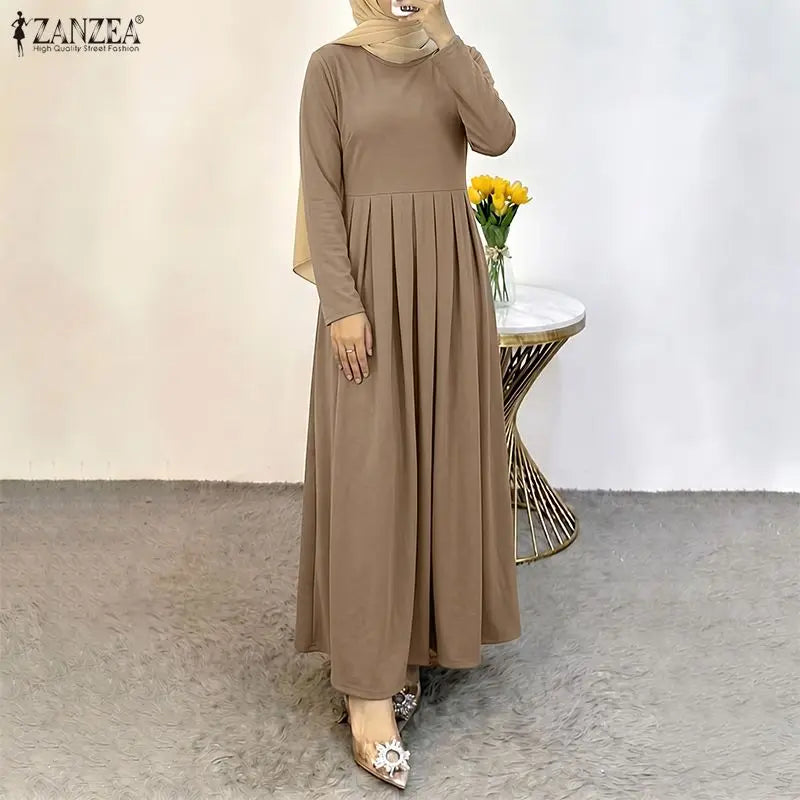 Elegant Muslim Dress Abaya ZANZEA Ramadan Robe Women Casual O Neck Long Sleeve Pleated Dresses Solid Color Baggy Sundress Kaftan