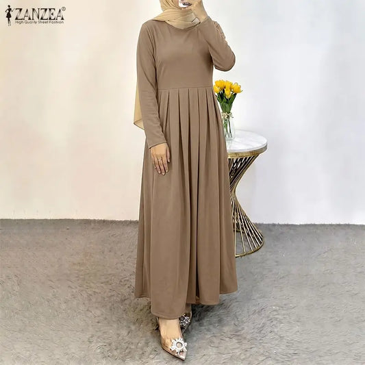 Elegant Muslim Dress Abaya ZANZEA Ramadan Robe Women Casual O Neck Long Sleeve Pleated Dresses Solid Color Baggy Sundress Kaftan
