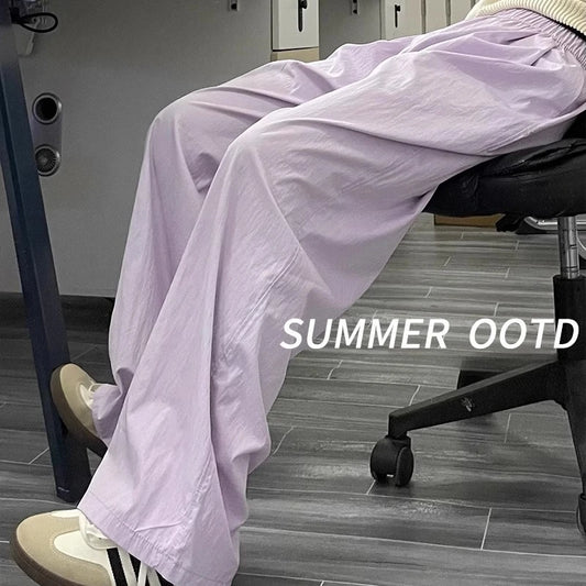 Summer Women's Wide-leg Pants Purple Thin Sunscreen Straight Pant Full Length Elastic Waist Casual Korean Fashion Trousers Women