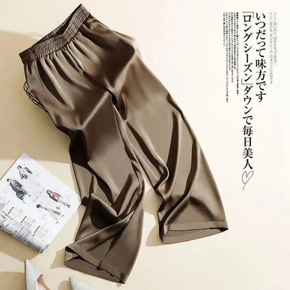 Summer Women Pants Ice Silk Triacetate Pants Lady Baggy Versatile Elastic Straight Leg Trousers Female Wide Leg High Waisted Pan