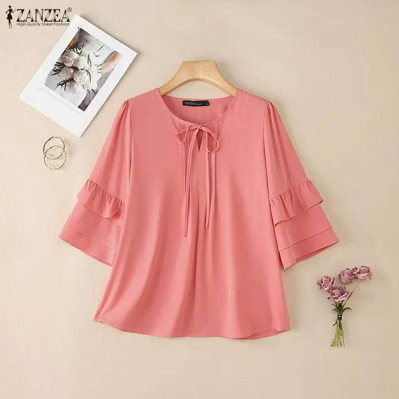 ZANZEA Women's Casual Solid Color Blouses Lace-Up O-Neck Pintuck Layered 3/4 Flared Sleeves Tops Spring Elegant Blusas de Mujer