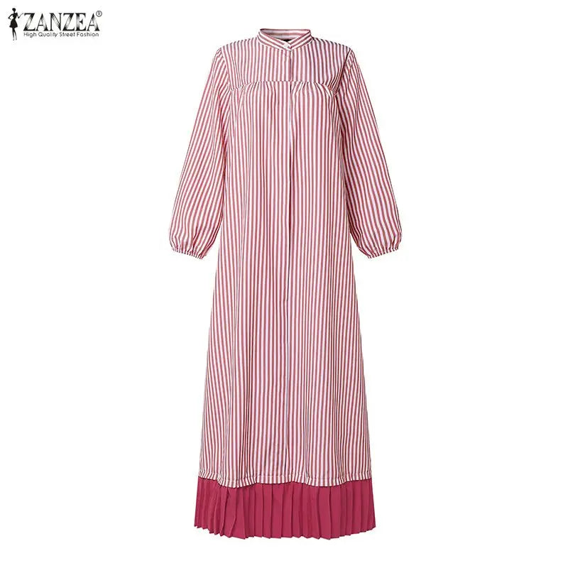 ZANZEA Modest Stripe Patchwork Muslim Abaya Dress Hijab Robe Femme Fashion Women Long Sleeve Pleated Sundress Casual Kaftan 2026