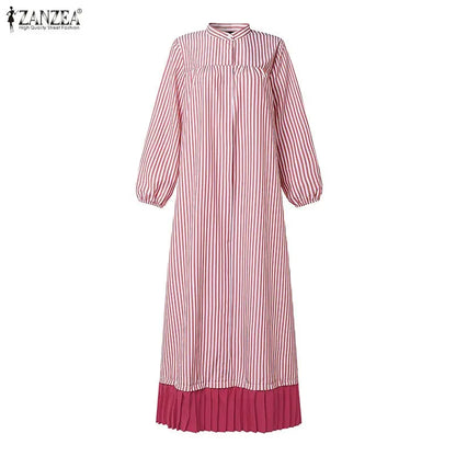 ZANZEA Modest Stripe Patchwork Muslim Abaya Dress Hijab Robe Femme Fashion Women Long Sleeve Pleated Sundress Casual Kaftan 2026