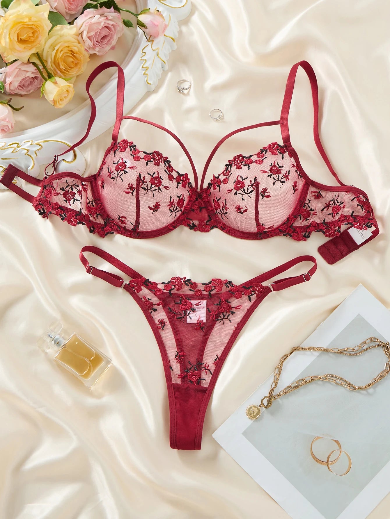 Vintage Wine Red Floral Lace Lingerie Set Thin Double Straps Sheer Transparent Mesh Bra Adjustable Briefs Boudoir