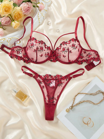 Vintage Wine Red Floral Lace Lingerie Set Thin Double Straps Sheer Transparent Mesh Bra Adjustable Briefs Boudoir