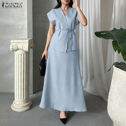 ZANZEA 2PCS Stylish Women V Neck Short Sleeve Blouse Dress Sets Summer Outfits Elegant 2 Pieces Sets Solid OL Work Skirt Suit
