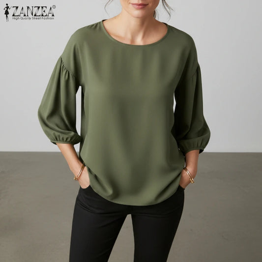 ZANZEA Plus Size 5XL Casual Blouses Woman Lantern Sleeves Round Neck High-Low Tops Spring Minimalist Solid Color Blusas de Mujer