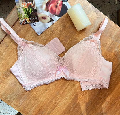 French Lace Bra Wireless Push Up Bralette for Small Bust Adjustable Straps Anti Sagging Support Sexy Lace Up Lingerie Panty Set