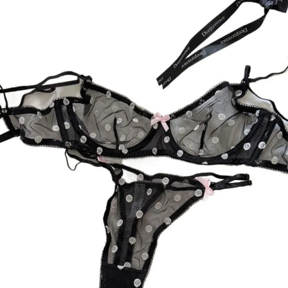 Polka Dot Lace Embroidery Bra Set Soft Underwire Ultra Thin No Padding See Through Mesh Push Up Lingerie For Young Girls Daily